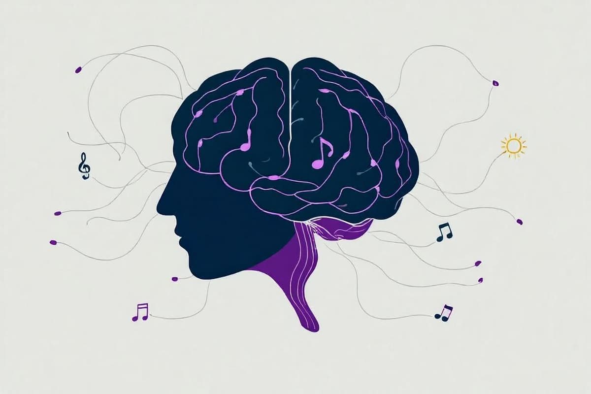 Brain neural network rewiring illustration showing how LUMEUS connects music, visualization, and positive emotions to transform neural pathways